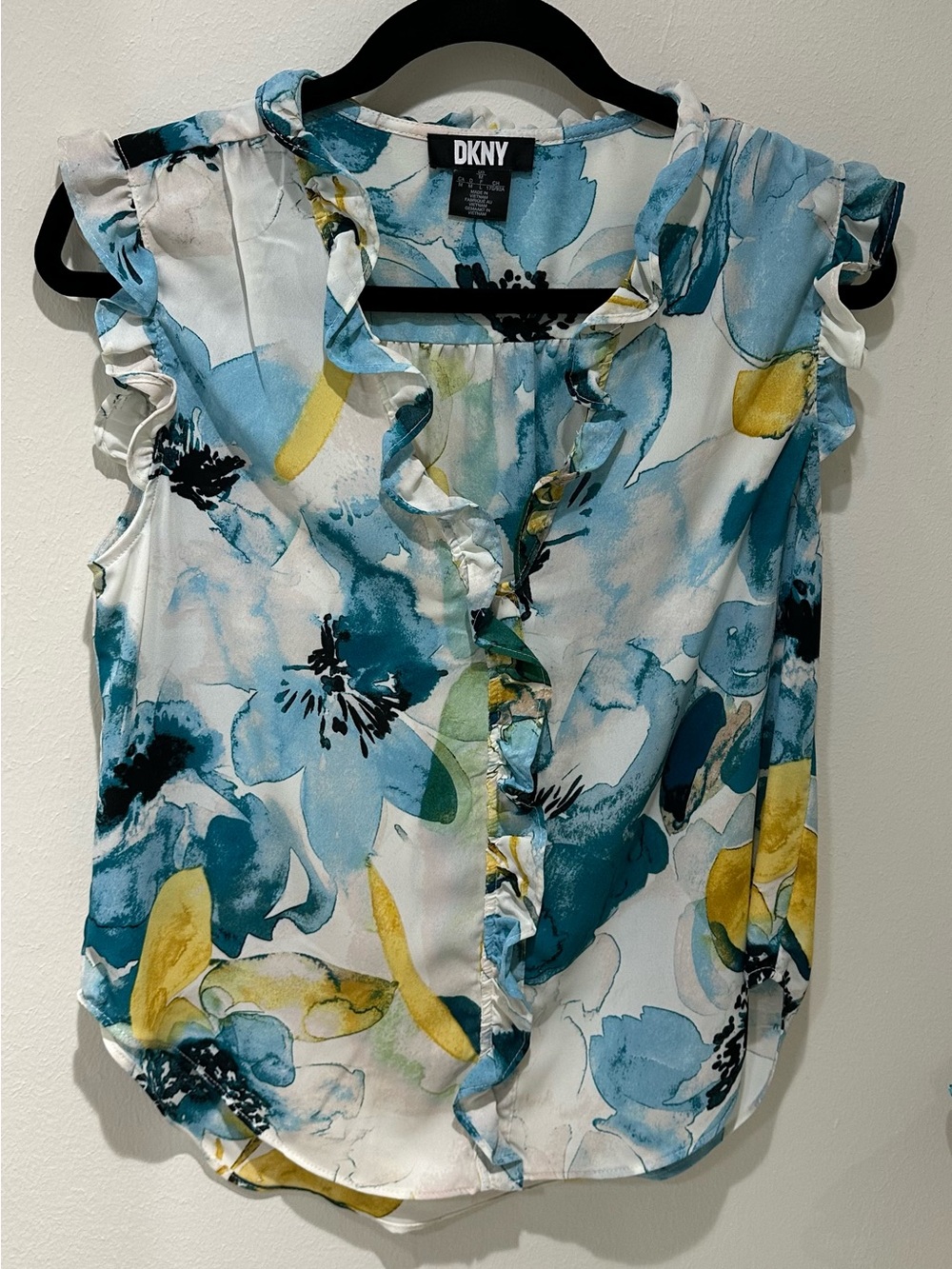 DKNY Sleeveless Ruffle V-Neck Watercolor Floral Blouse in Blue, Yellow & White
